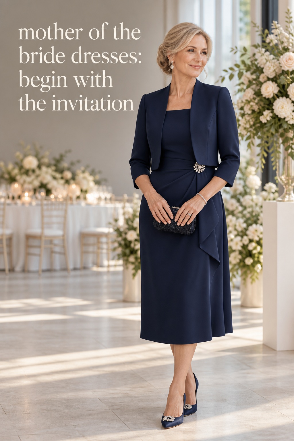 mother of the bride dresses in a navy midi dress with a tailored jacket