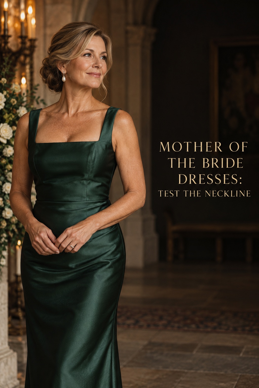 mother of the bride dresses in a deep green satin sheath with square neckline