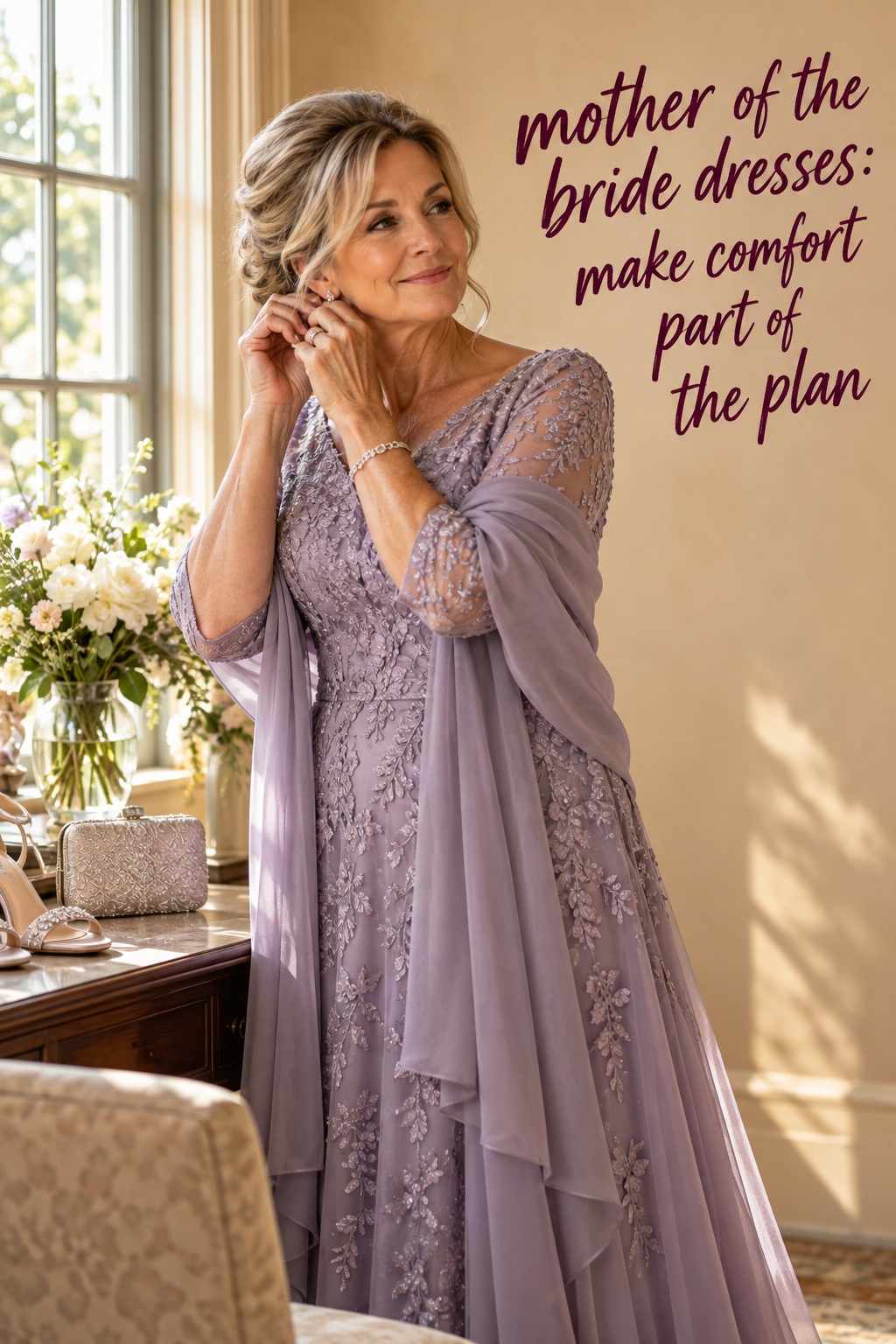 mother of the bride dresses in a lavender dress with wrap while preparing