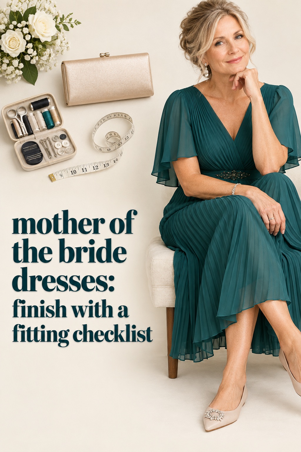 mother of the bride dresses fitting checklist with teal pleated dress and repair kit