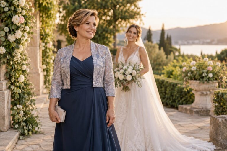 mother of the bride dresses with a mother and daughter at a garden wedding