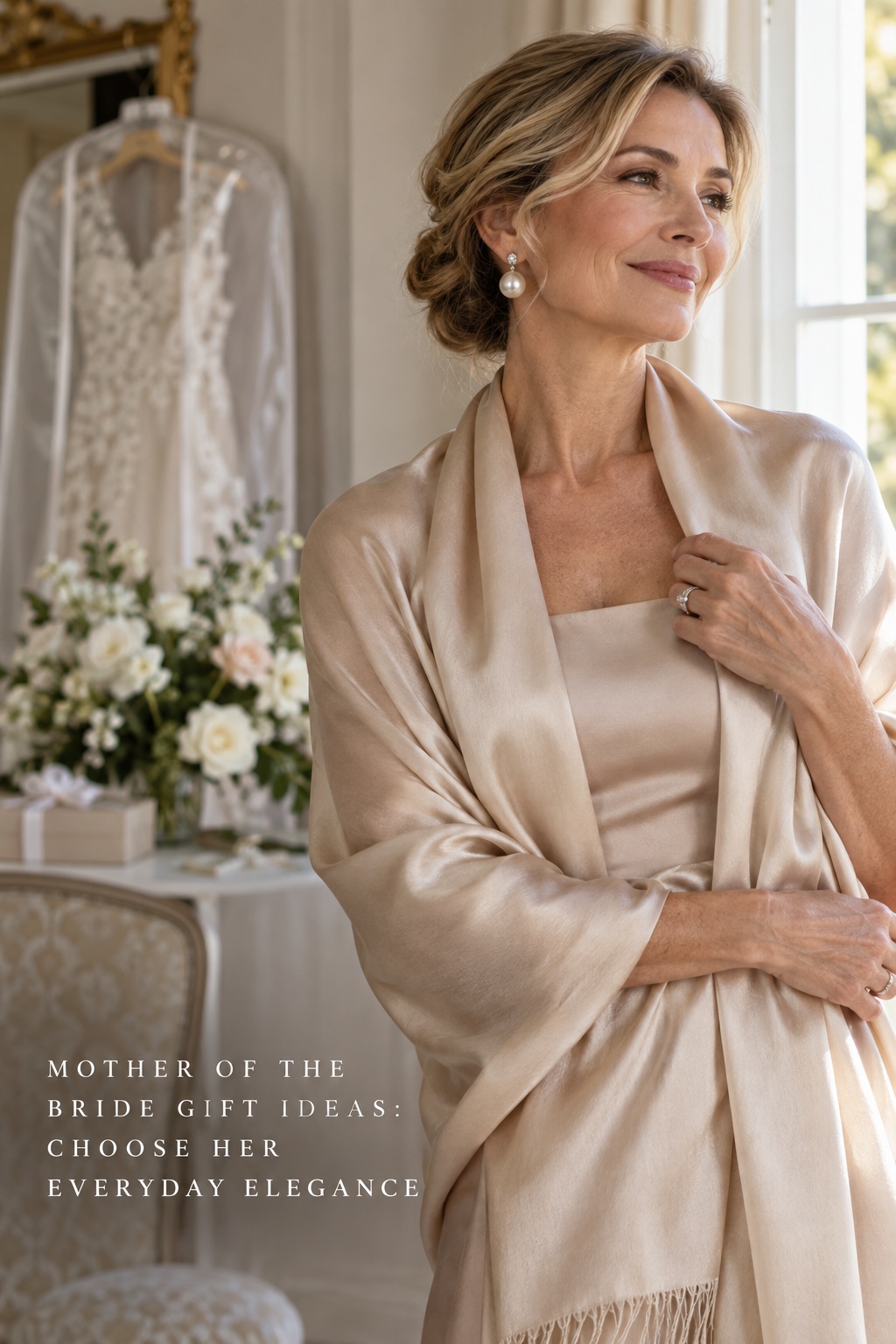Mother of the bride gift ideas with a silk scarf and pearls