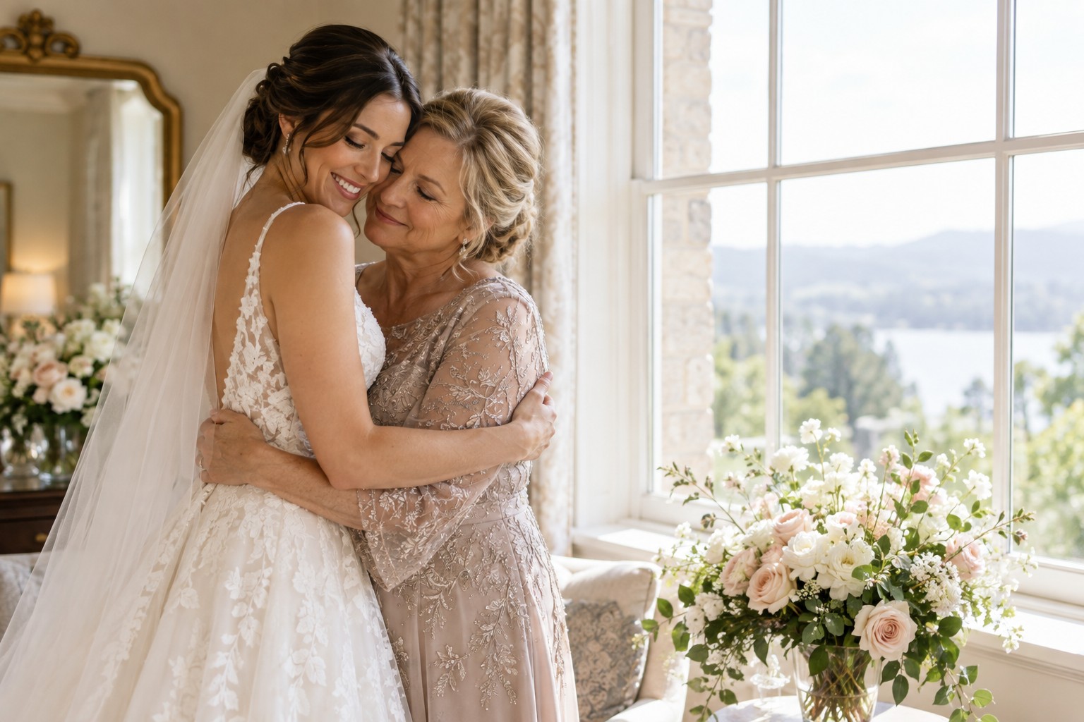 mother of the bride gift moment as bride and mother embrace beside a wedding window