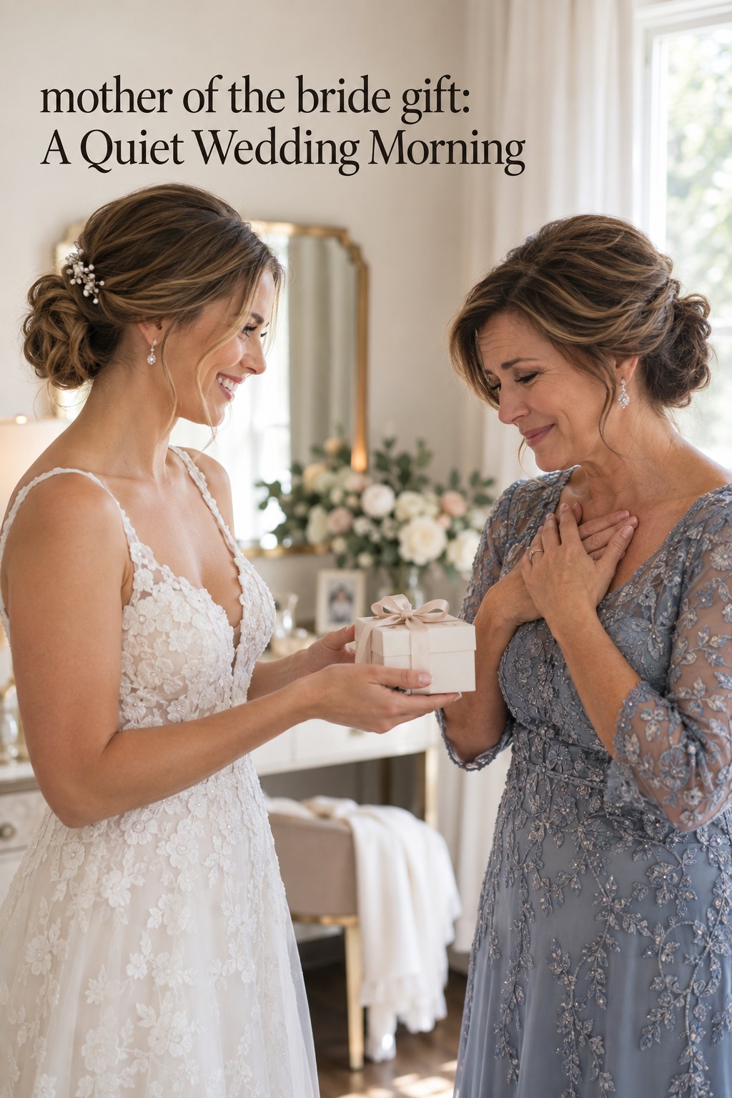 mother of the bride gift in a bride's hands during a quiet wedding morning