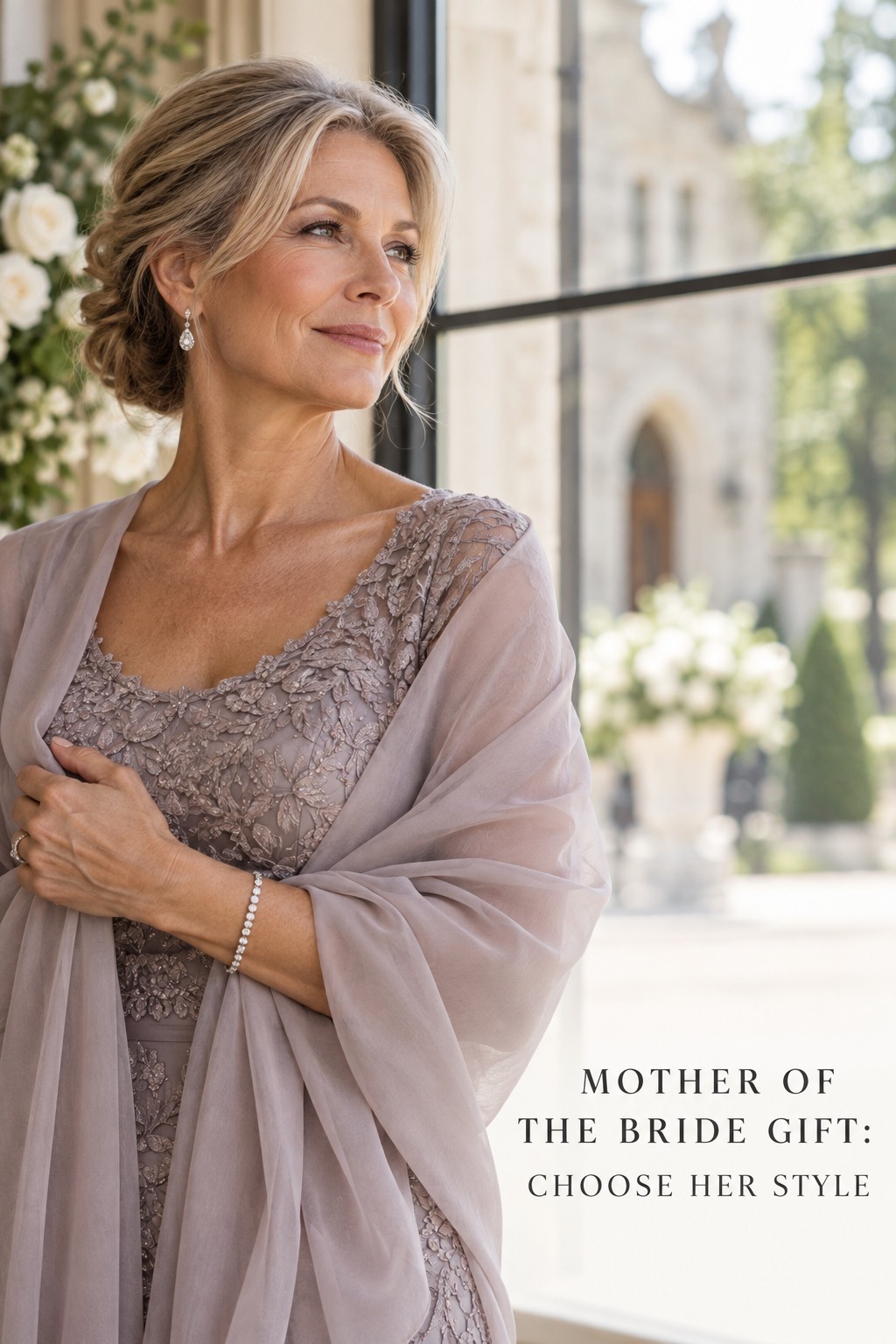 mother of the bride gift styled with a refined wrap and jewelry