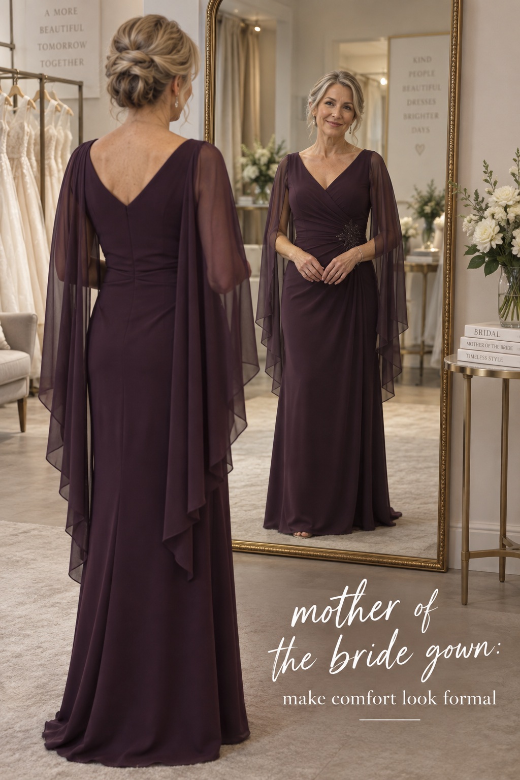 mother of the bride gown in a plum crepe style with a comfortable sheer cape