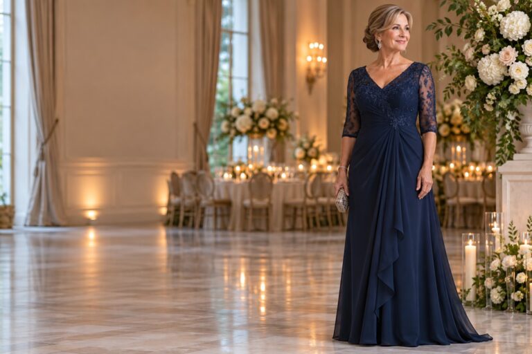 mother of the bride gown in navy with lace sleeves in a candlelit ballroom