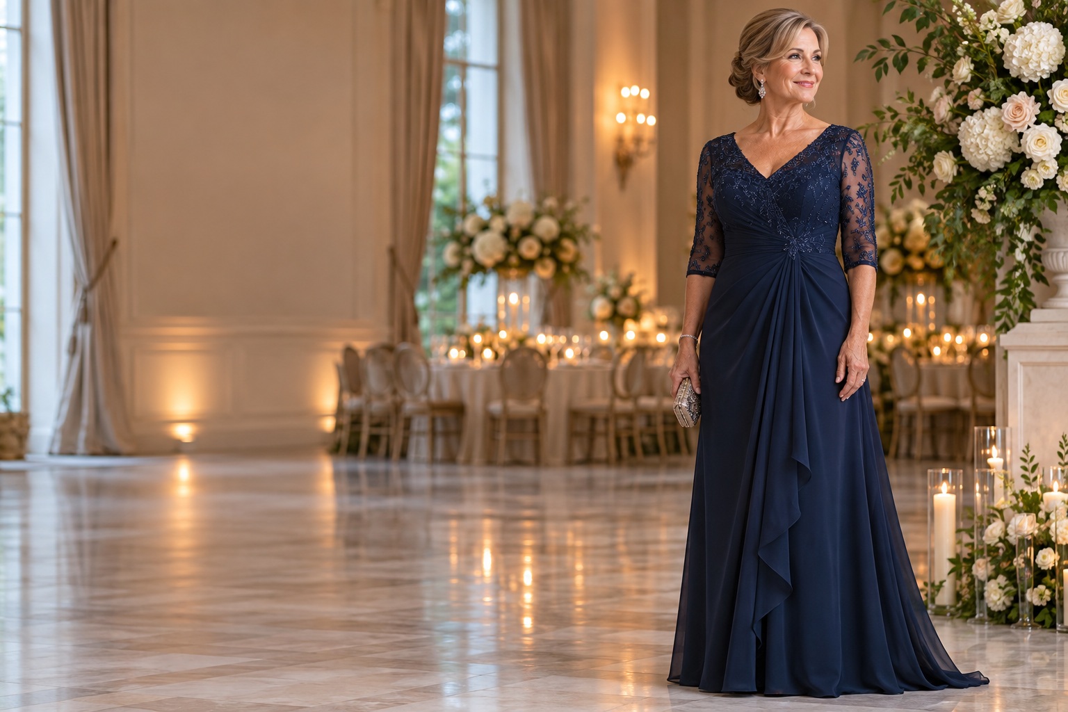 mother of the bride gown in navy with lace sleeves in a candlelit ballroom