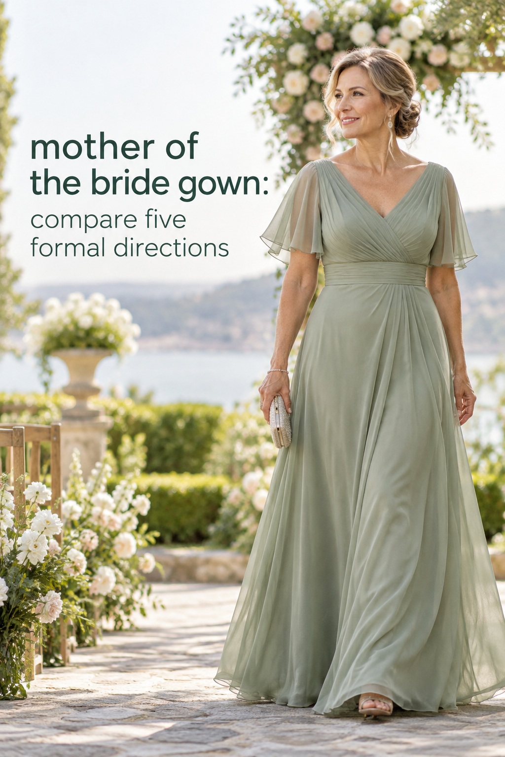 mother of the bride gown in a soft sage A-line style for a garden wedding