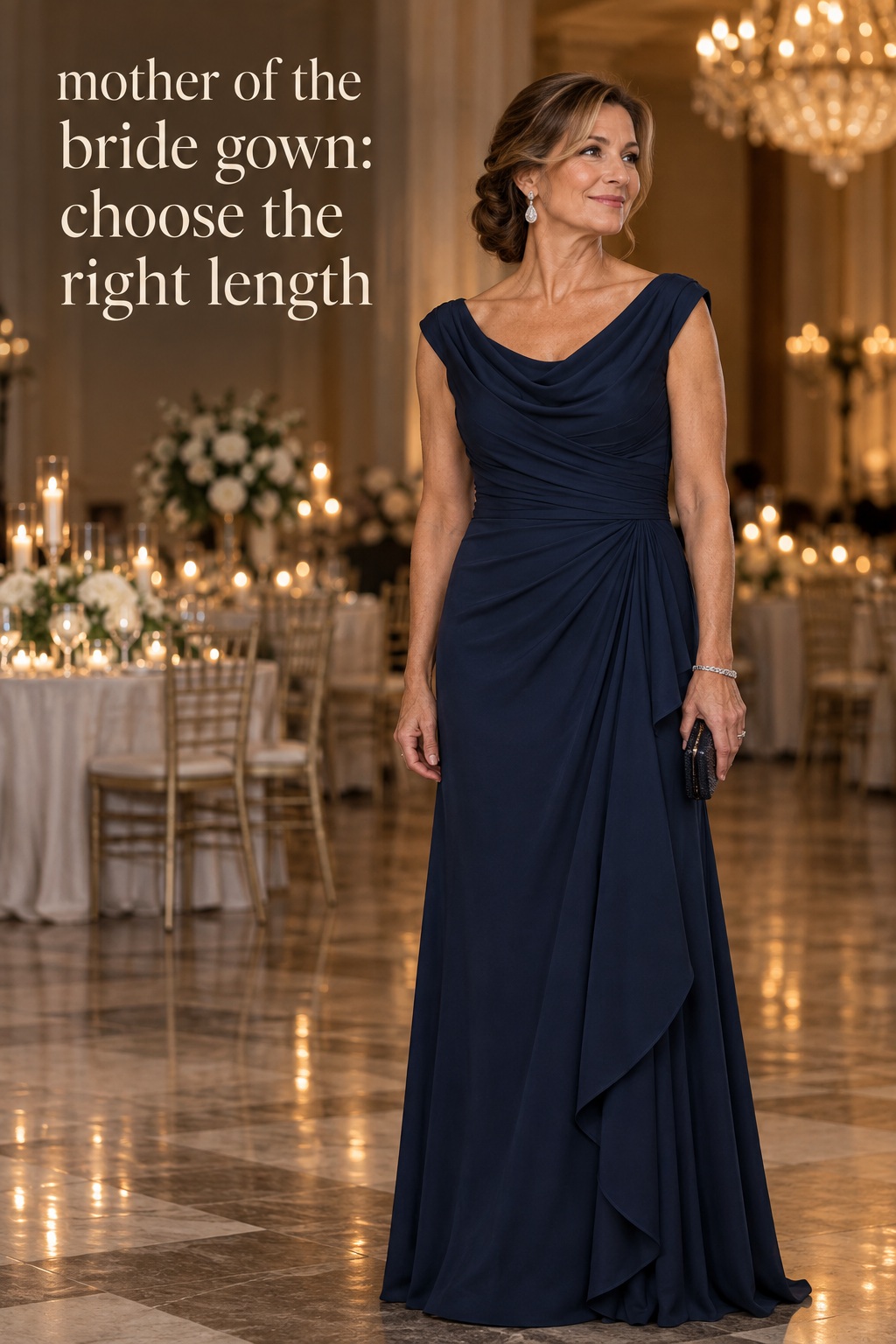 mother of the bride gown in a navy floor-length style for a formal evening wedding