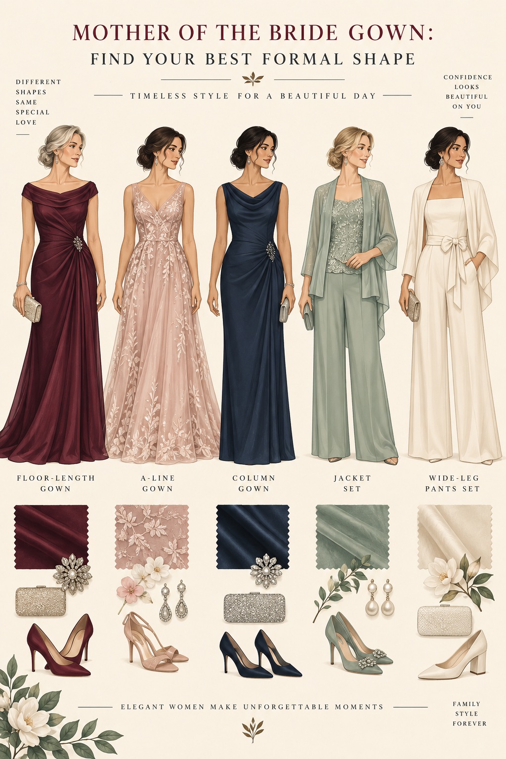 mother of the bride gown style board comparing five formal outfit shapes