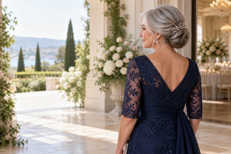 mother of the bride hairstyles over 50 with a silver low chignon at a wedding venue