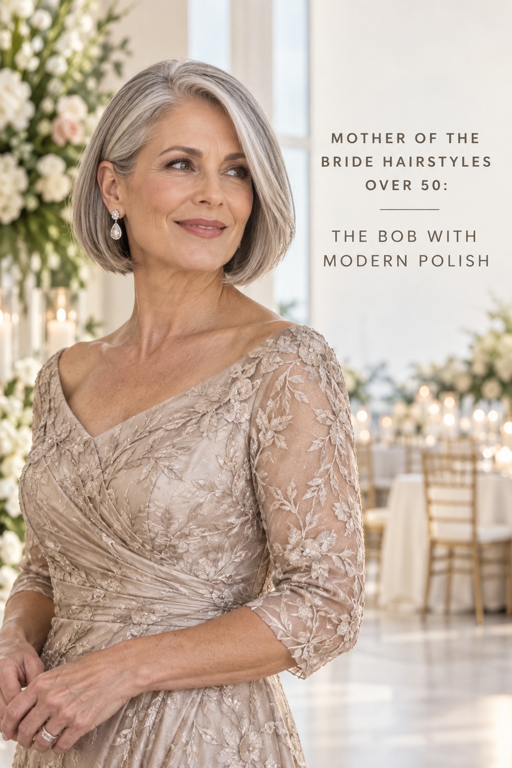 mother of the bride hairstyles over 50 with a silver bob and champagne dress