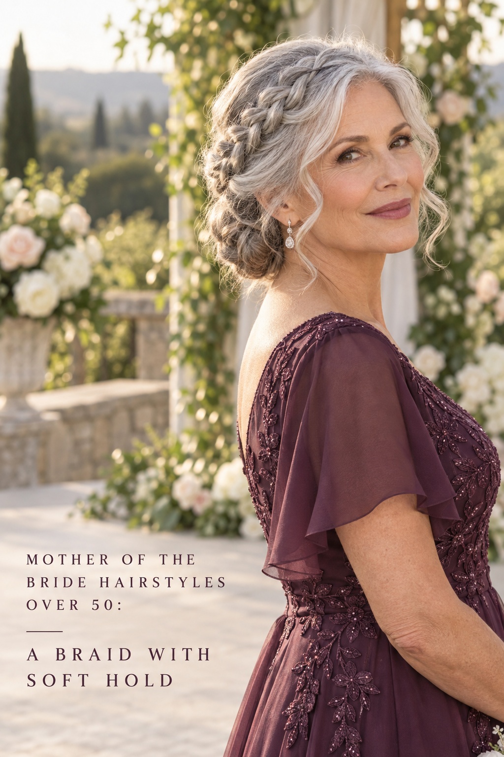 mother of the bride hairstyles over 50 with a silver crown braid and plum gown