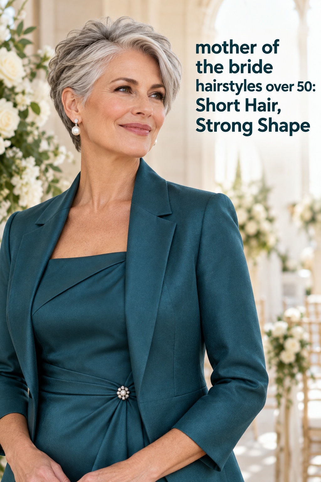 mother of the bride hairstyles over 50 with short silver hair and teal tailoring