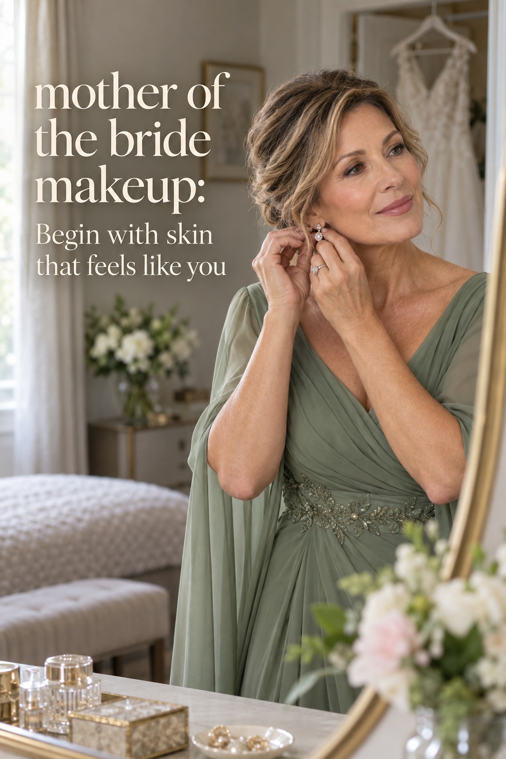 mother of the bride makeup in a sage green getting ready look