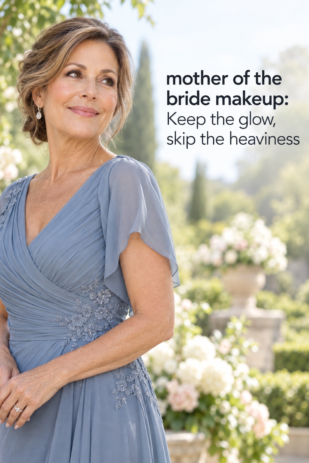 mother of the bride makeup with a natural glow in a garden