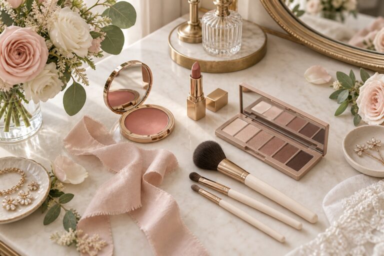 mother of the bride makeup essentials on an elegant wedding vanity