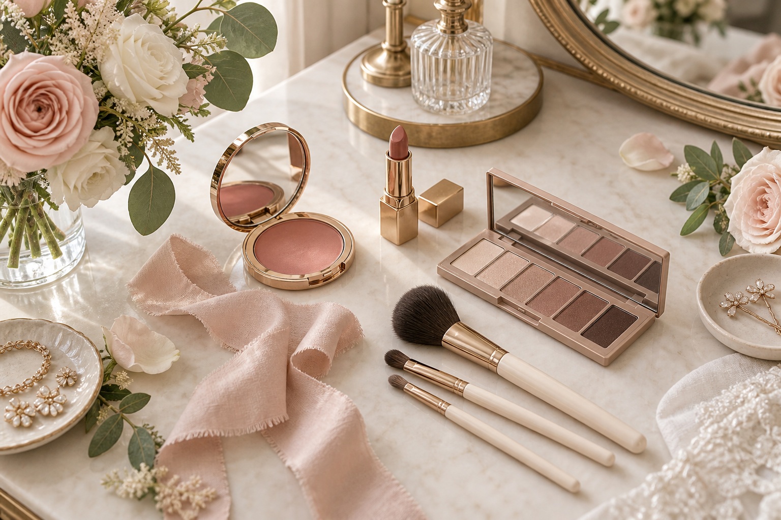 mother of the bride makeup essentials on an elegant wedding vanity