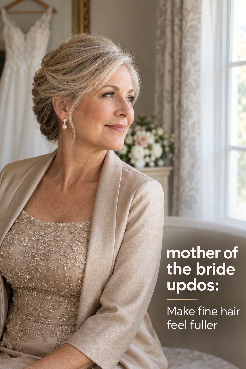 mother of the bride updos French twist with pearl earrings and champagne outfit