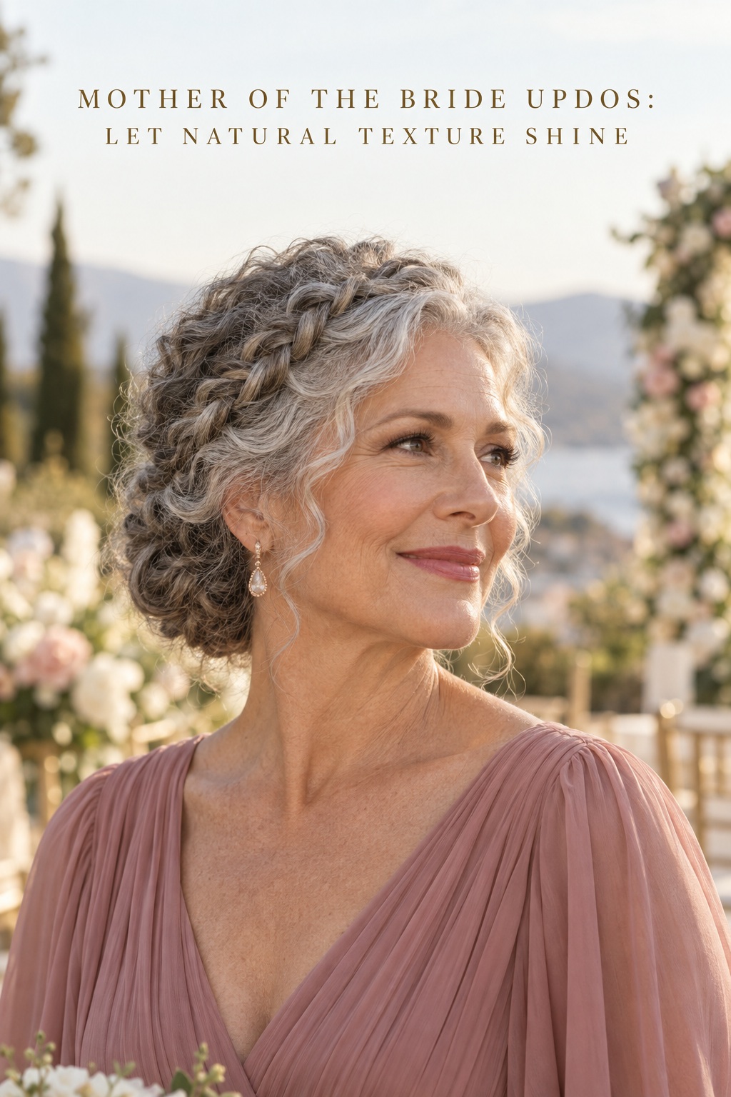 mother of the bride updos braided crown and low bun for natural gray curls