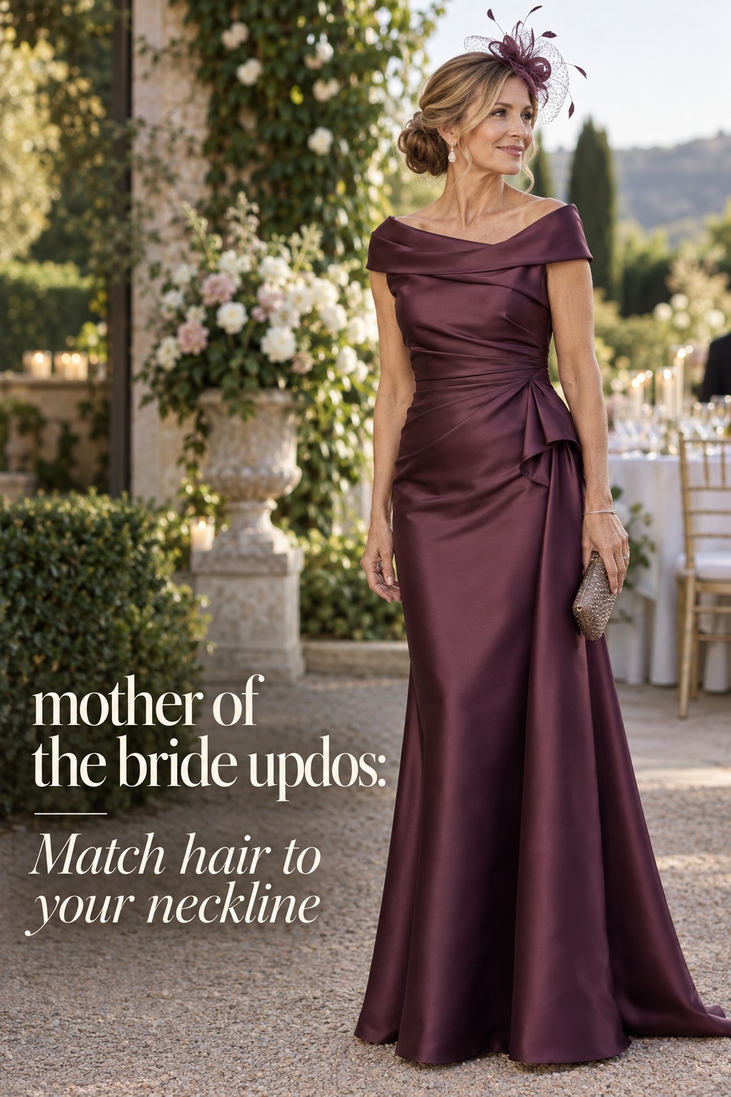 mother of the bride updos side bun with fascinator and plum satin gown