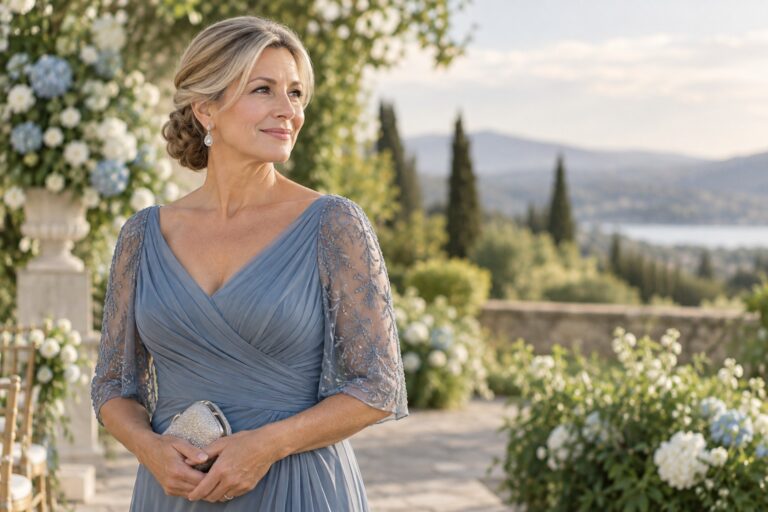 mother of the bride updos low chignon with dusty blue gown at a garden wedding