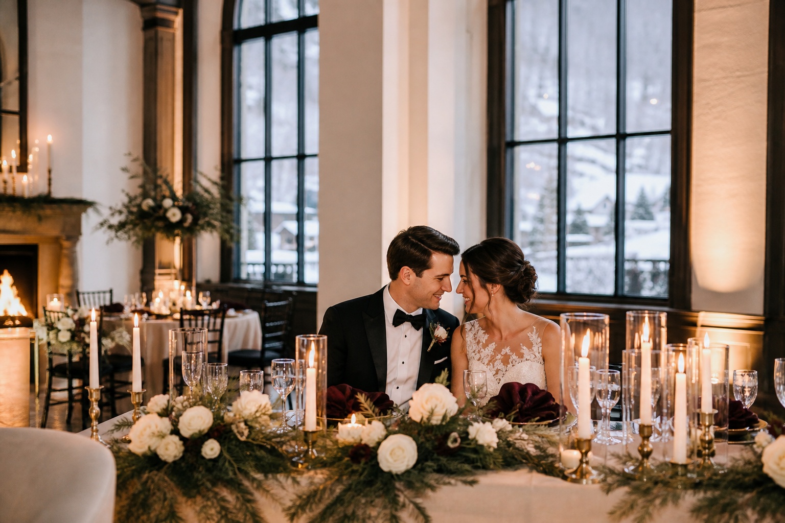 elegant winter wedding reception with candlelight evergreen and snowy windows