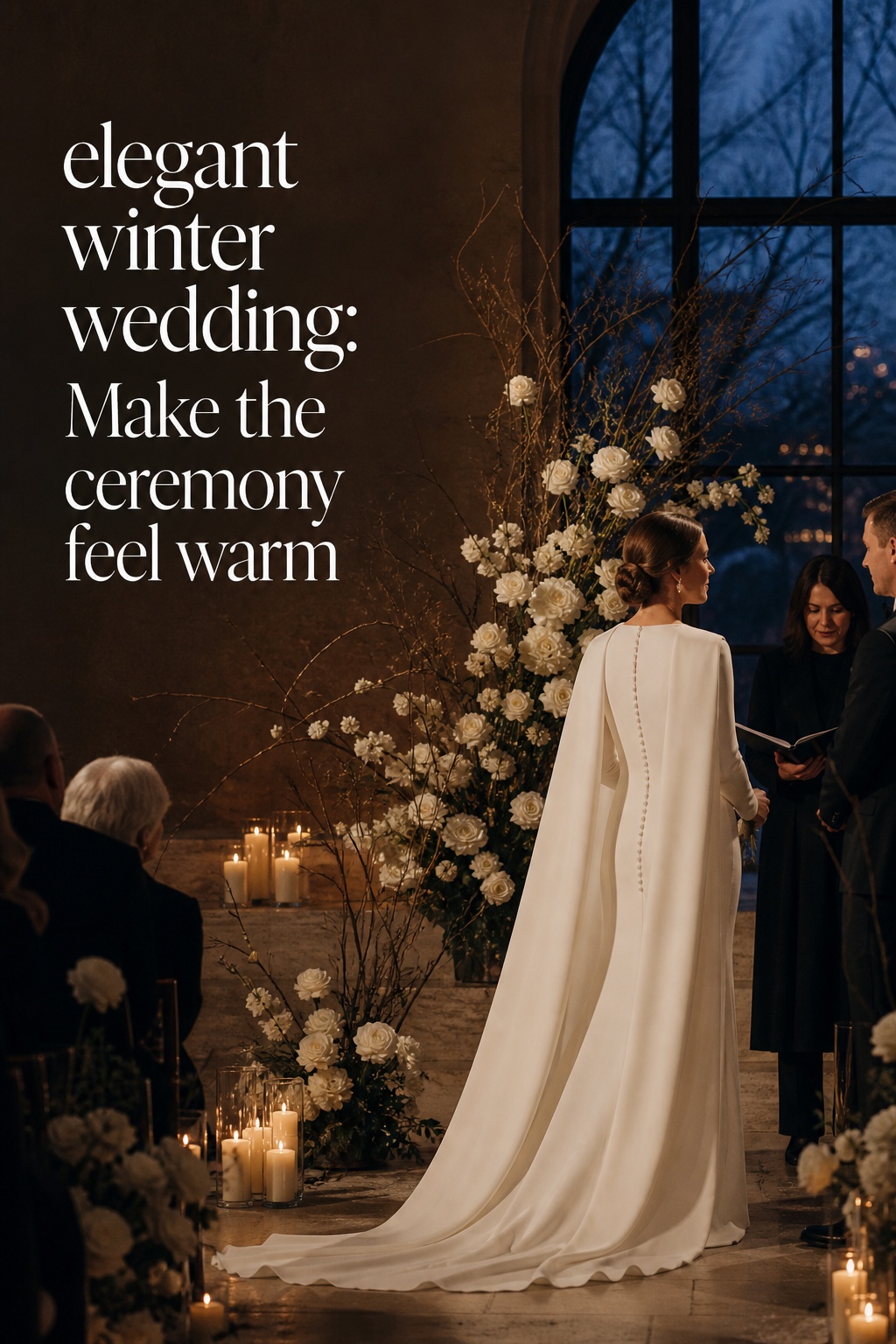 elegant winter wedding ceremony with warm candlelight and ivory flowers