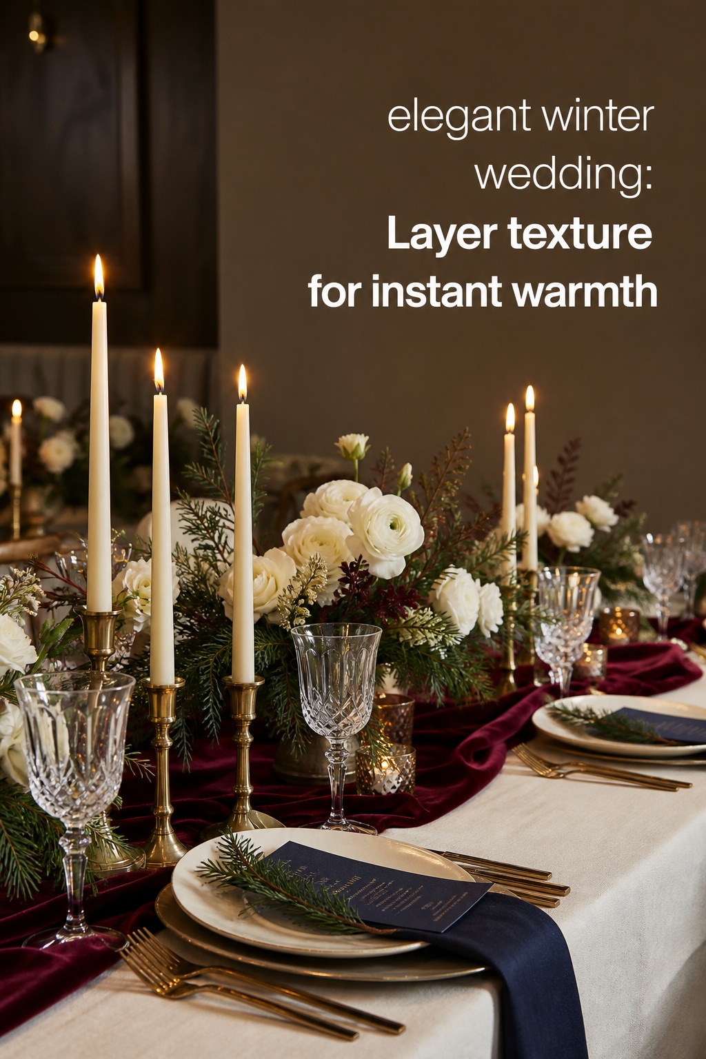 elegant winter wedding tablescape with burgundy velvet and brass candles