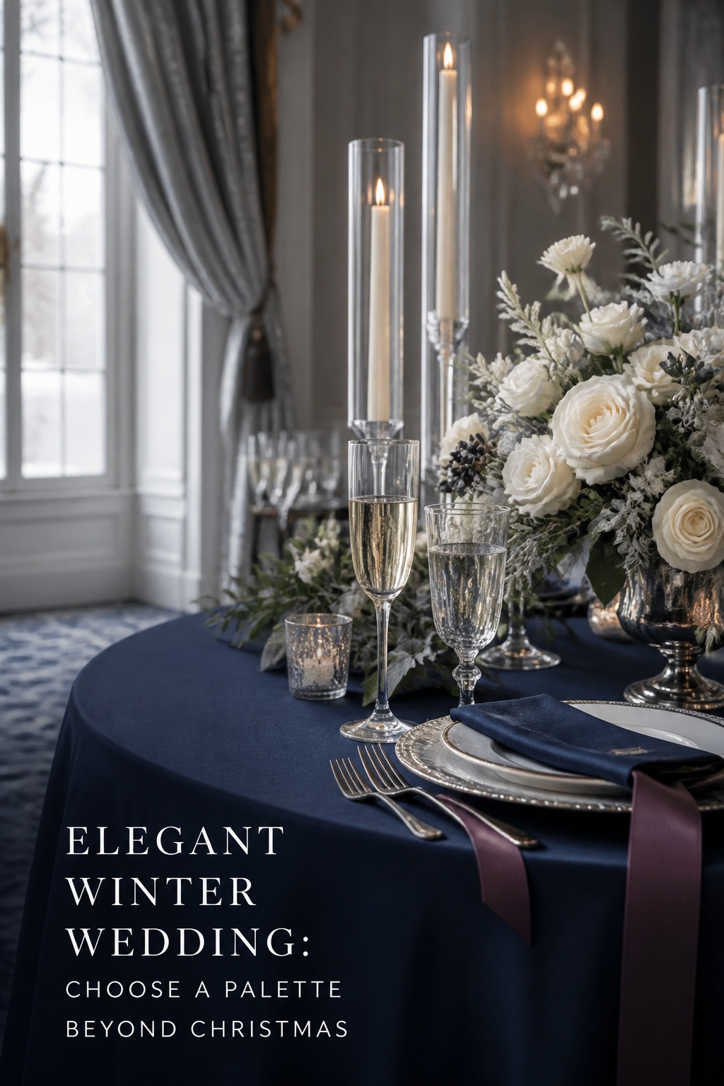 elegant winter wedding palette with navy linens silver and ivory flowers