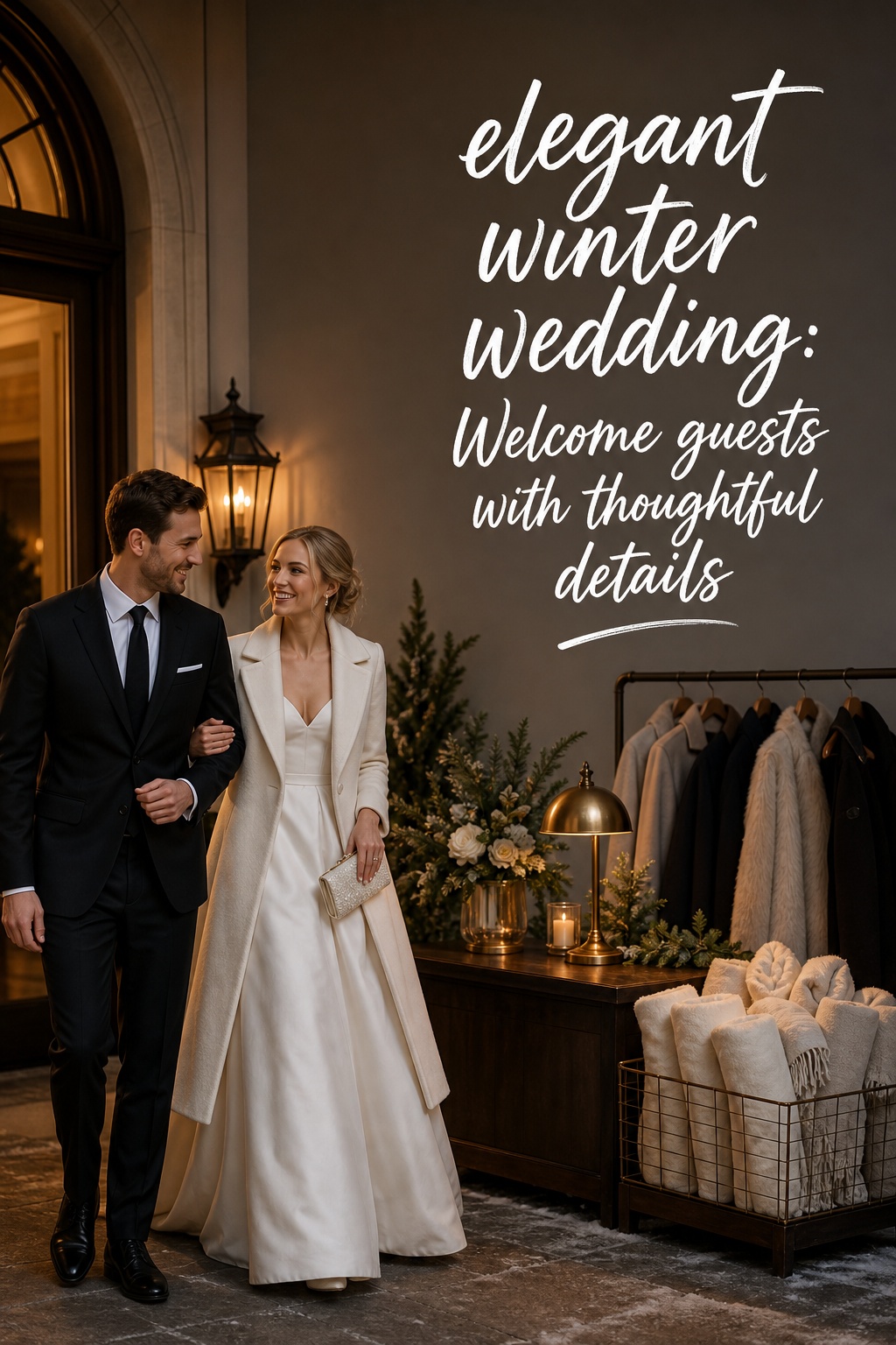 elegant winter wedding welcome table with tailored coat and warm wraps