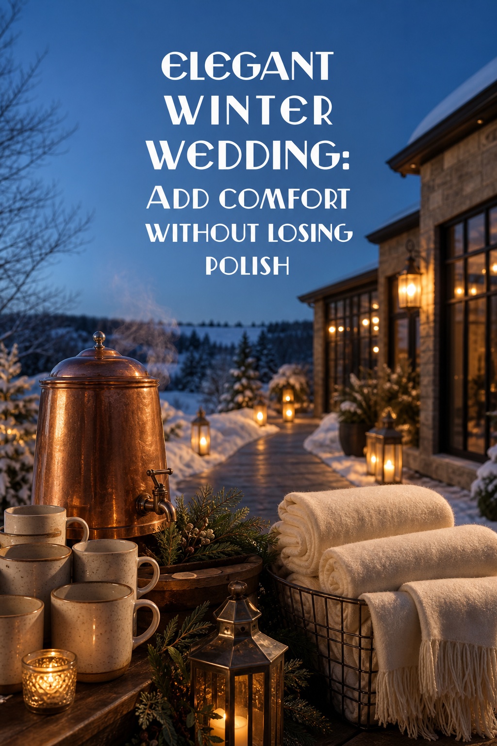 elegant winter wedding guest comfort station with cider blankets and lanterns