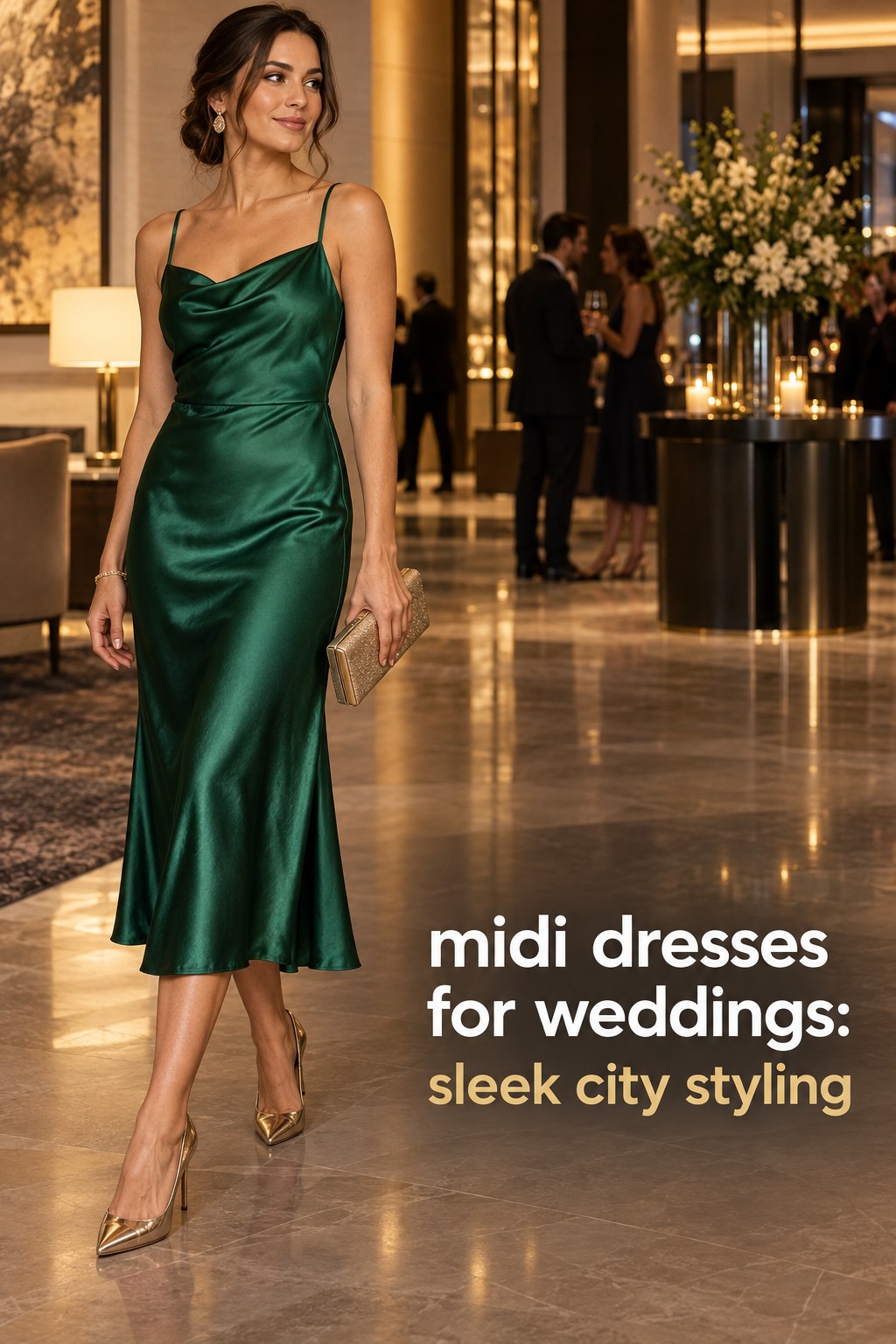 midi dresses for weddings in an emerald satin city reception look