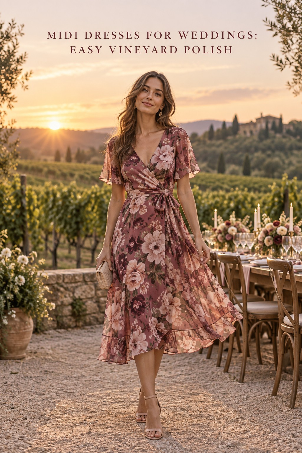 midi dresses for weddings in a floral chiffon vineyard guest look