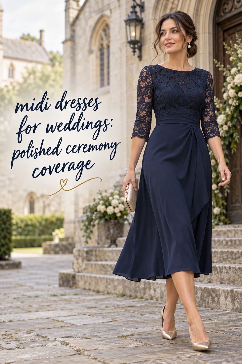 midi dresses for weddings in a navy lace ceremony guest look