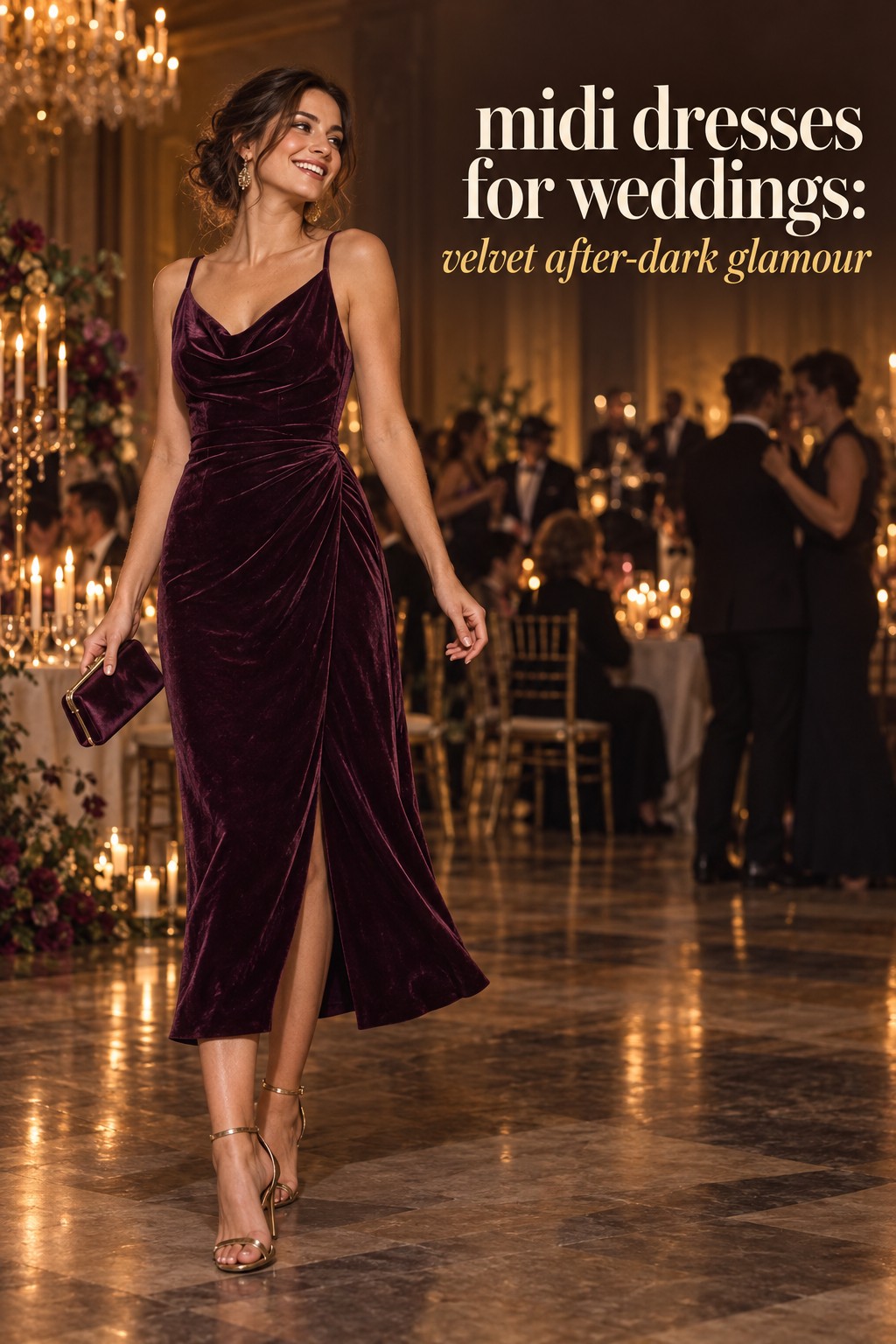 midi dresses for weddings in a plum velvet ballroom guest look