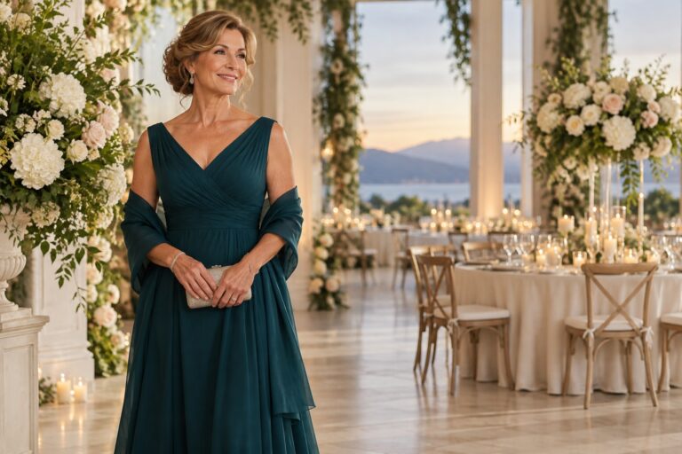 mother of the bride outfits in a timeless deep teal formal gown at a wedding reception