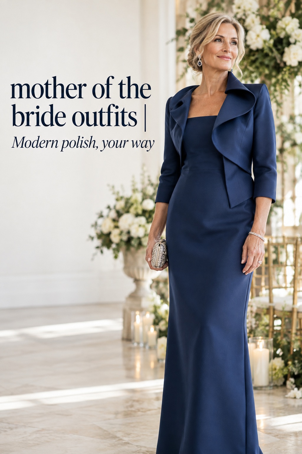 mother of the bride outfits in a modern sapphire column dress and tailored jacket