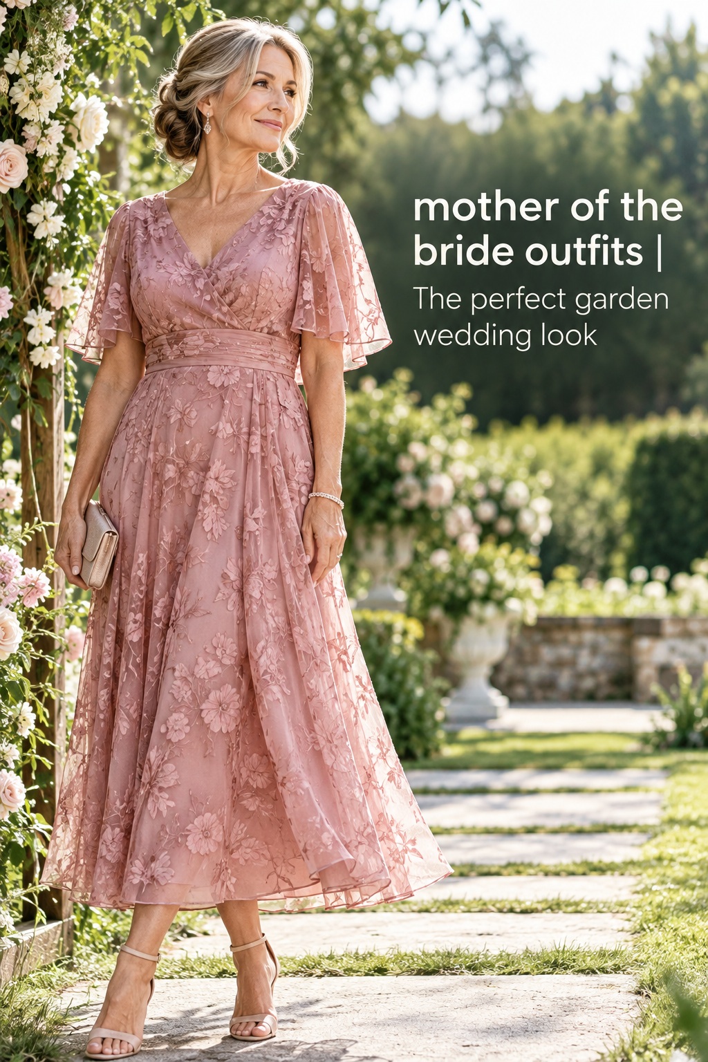 mother of the bride outfits in a rose floral midi dress for a garden wedding