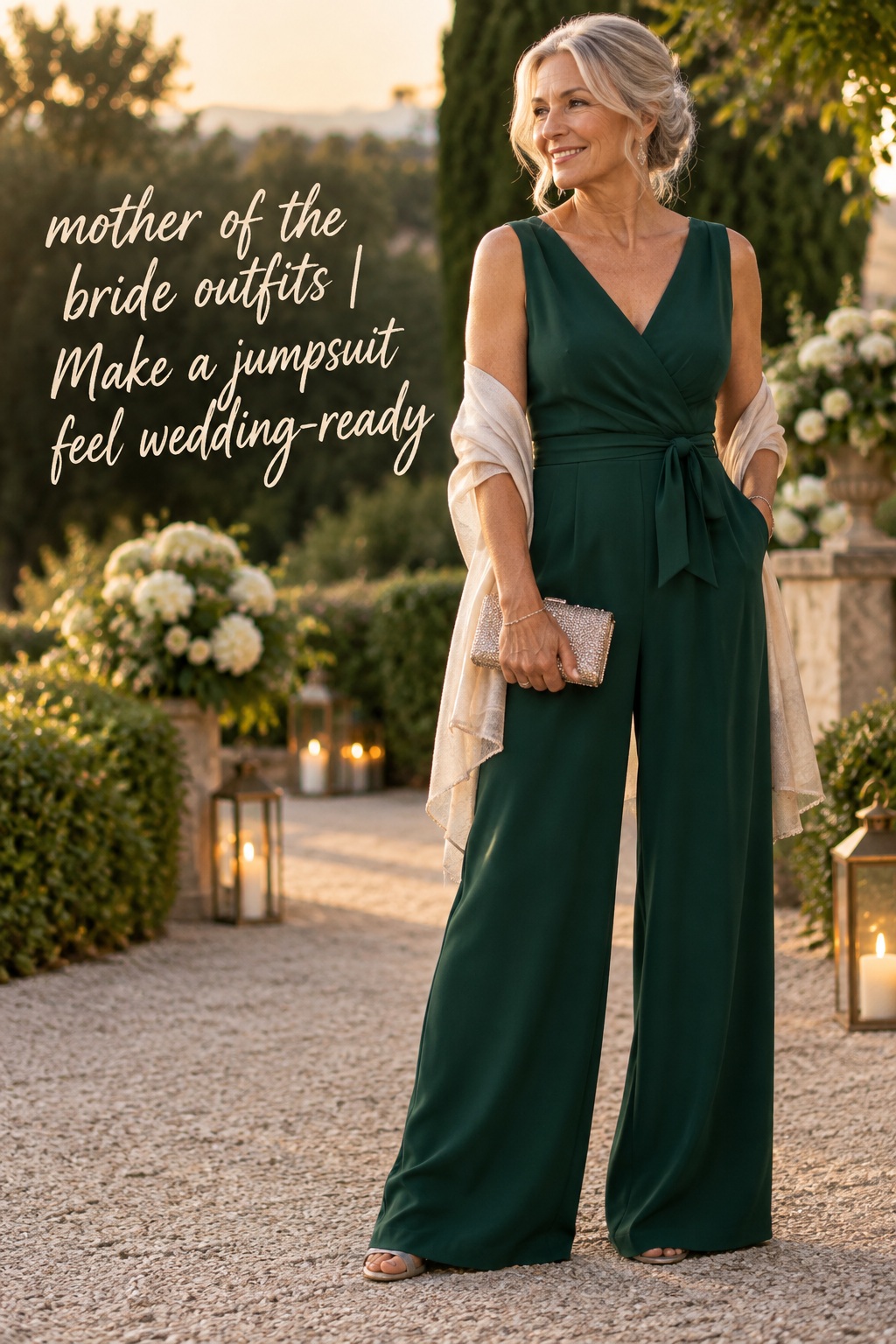mother of the bride outfits with an emerald wide-leg jumpsuit and soft wrap