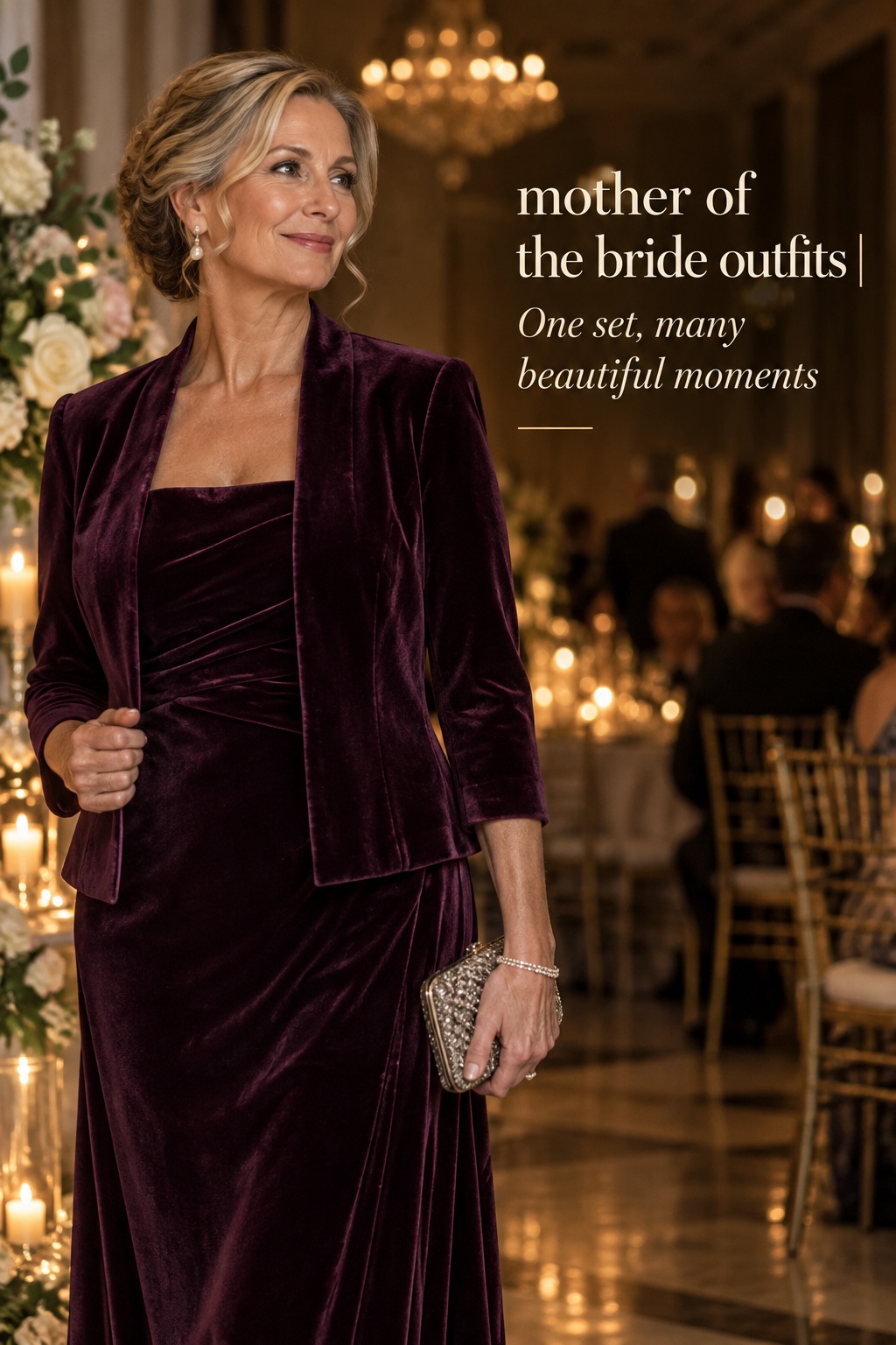 mother of the bride outfits with a deep plum velvet jacket and dress set