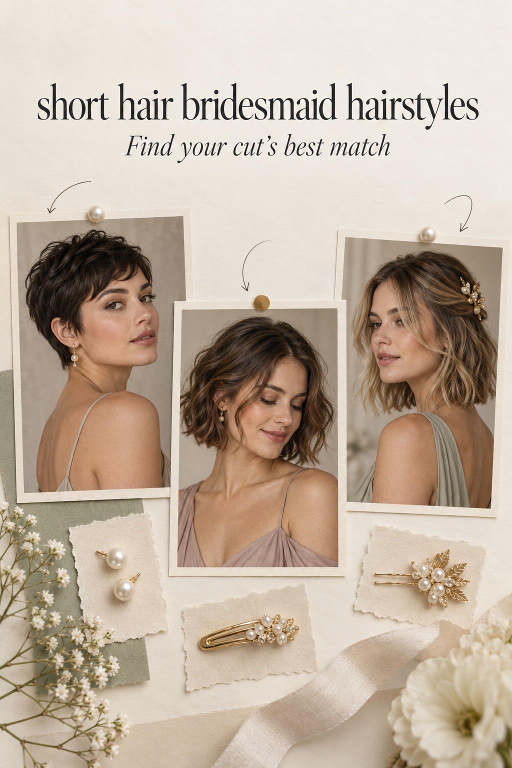 short hair bridesmaid hairstyles mood board for pixie, bob, and lob cuts