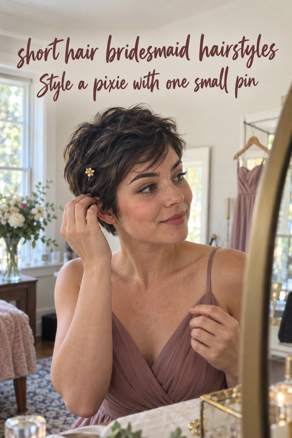 short hair bridesmaid hairstyles with a candid pixie and a small gold pin