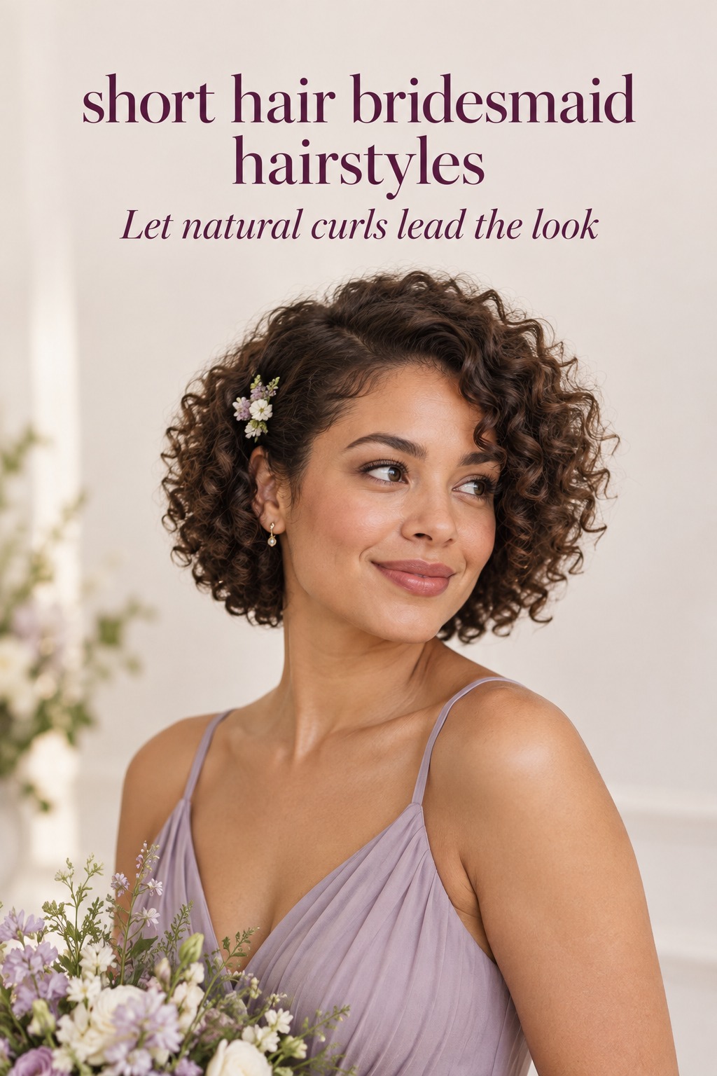 short hair bridesmaid hairstyles with defined natural curls and a floral pin