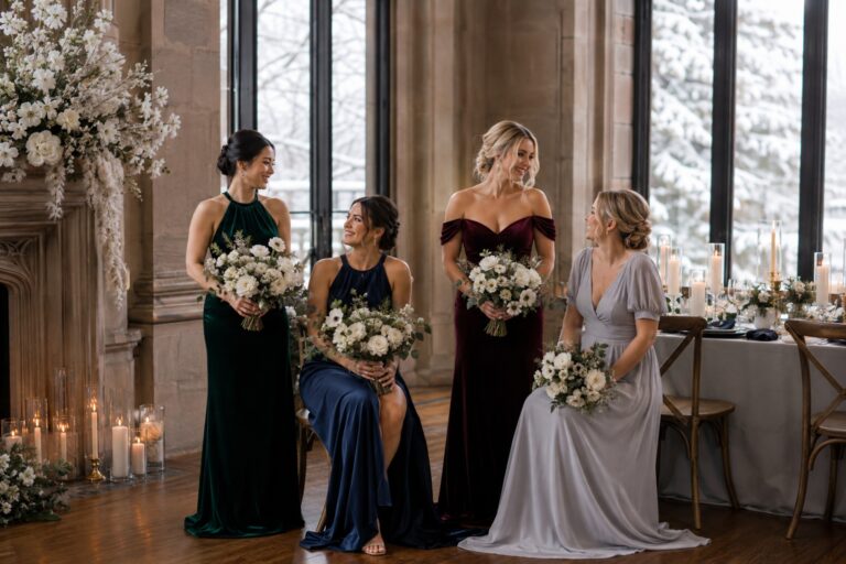 winter bridesmaid dresses in emerald navy burgundy and gray