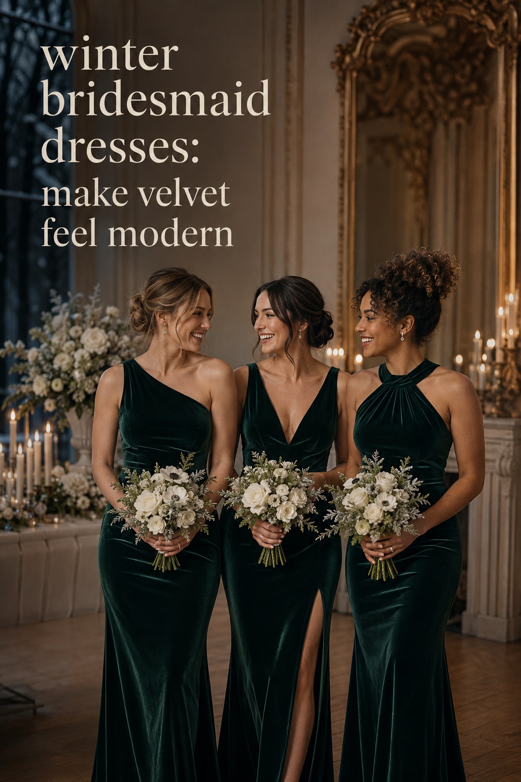 winter bridesmaid dresses in modern emerald velvet gowns