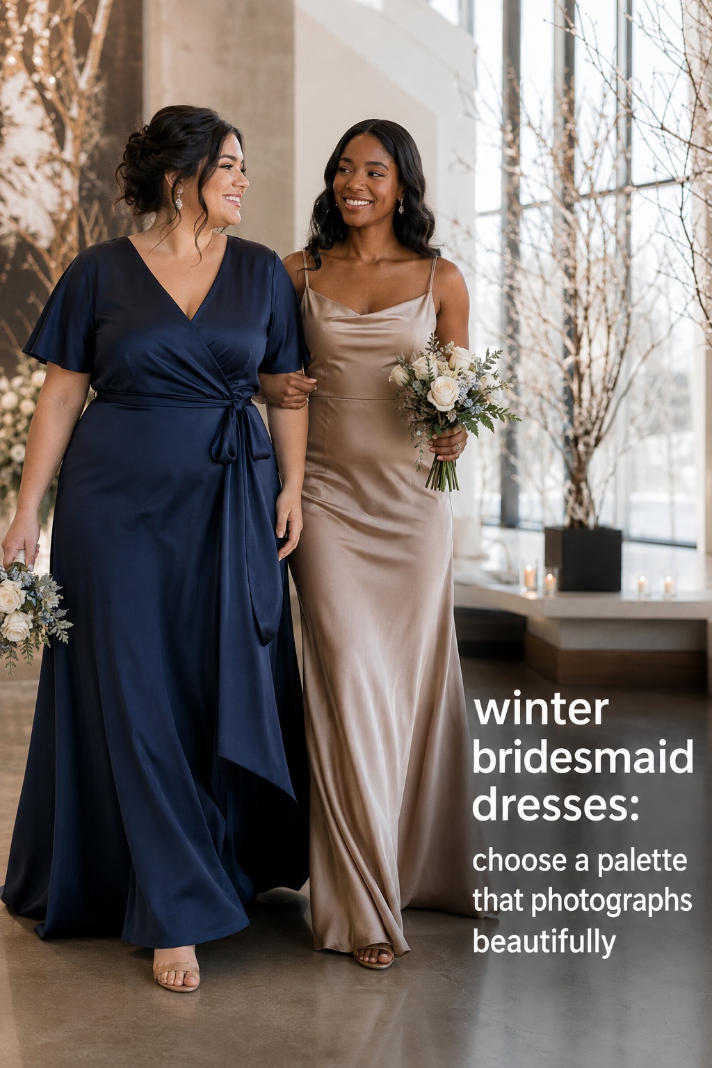 winter bridesmaid dresses in navy and champagne satin