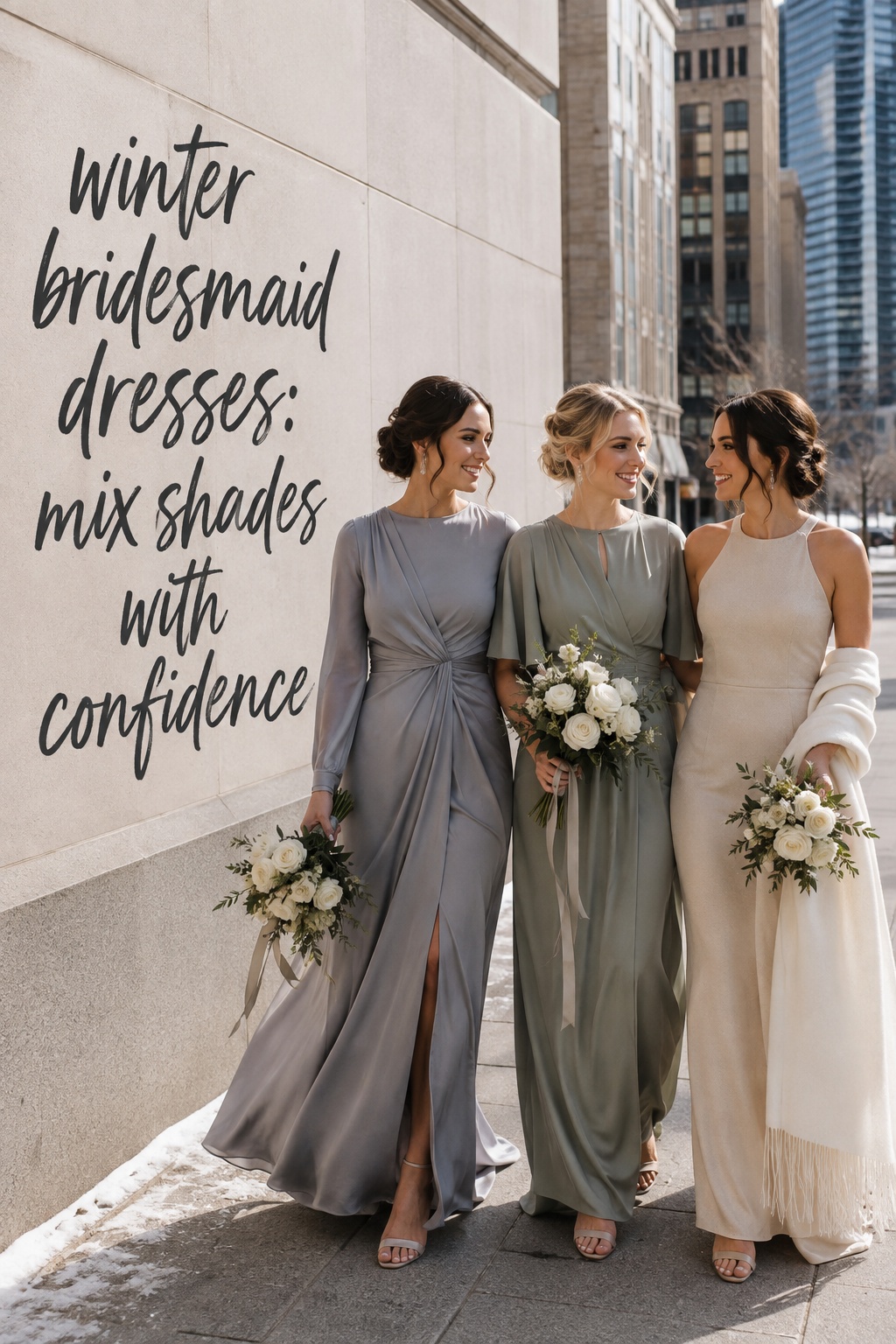 winter bridesmaid dresses in soft gray sage and oyster