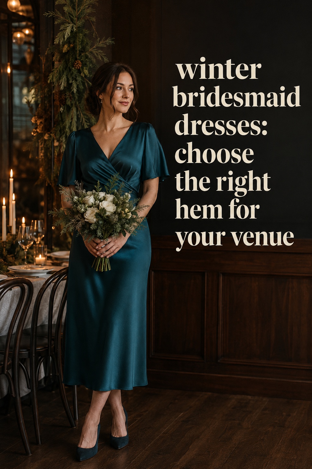 winter bridesmaid dresses in a teal satin midi for a venue